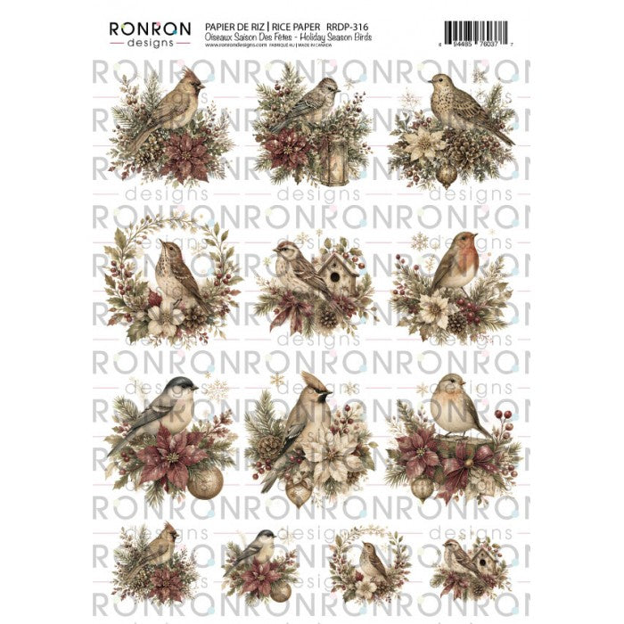 Ronron Designs Papier De Riz: Oiseaux Saison Des Fêtes